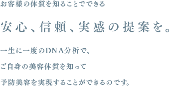 お客様の体質を知ることでできる 安心、信頼、実感の提案を。一生に一度のDNA分析で、ご自身の美容体質を知って予防美容を実現することができるのです。